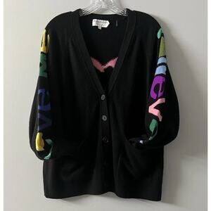 White + Warren Jackyblue Love Me Forever Cashmere Cardigan Women L Black heart